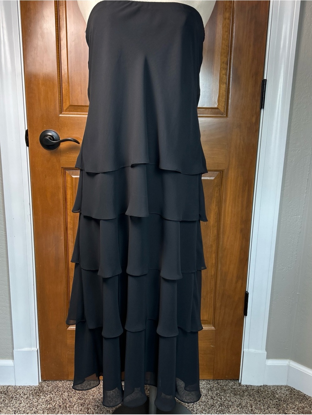 ALEX EVENINGS Women's Sz S/M Black Dress Strapless Tiered Chiffon Maxi Flowing